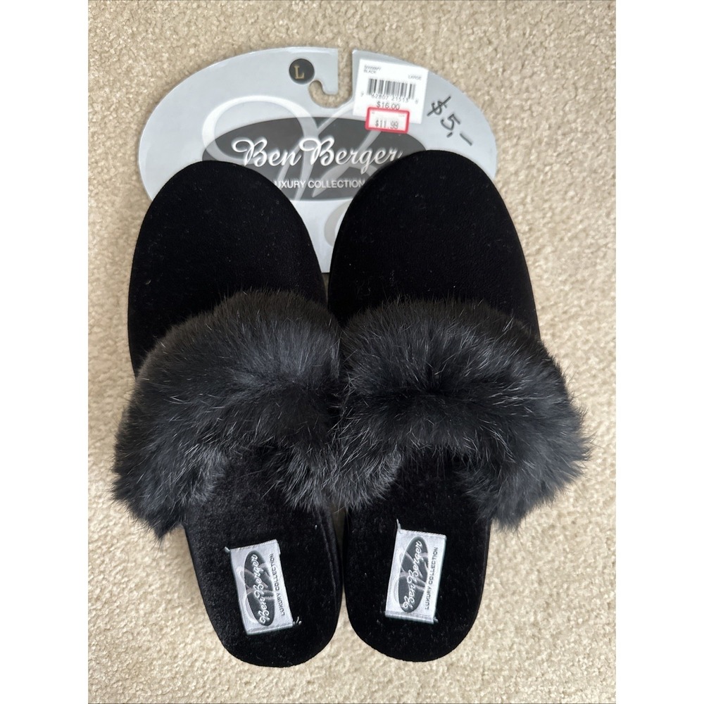 Vtg Ben Berger  Slip-on Slippers -Genuine Rabbit Fur Trim‎ Black Size L 8-9 NWT